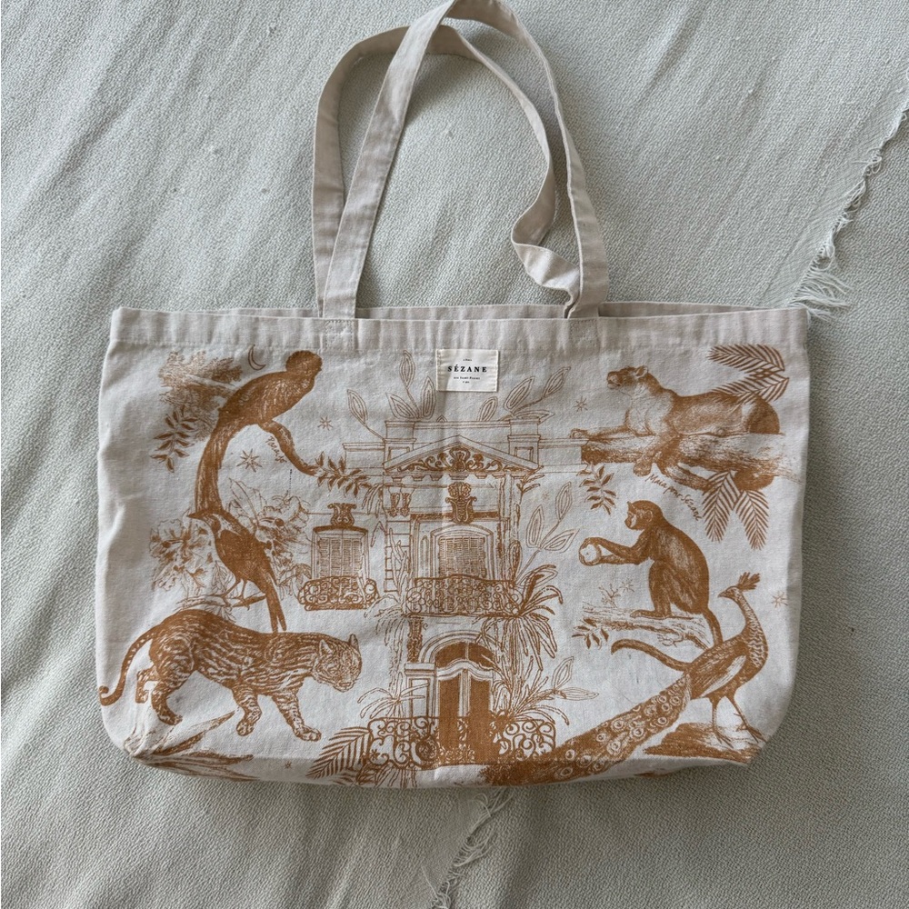 Sézane Beige Canvas Tote with Brown Animal Print